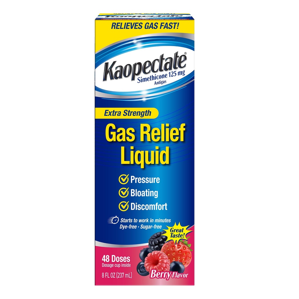 Liquido di rilievo del gas ad alta resistenza Kaopectate, Aroma di bacche miste, Allevia gas, Bloating e pressione, Simethicone 125 mg, 8 oz