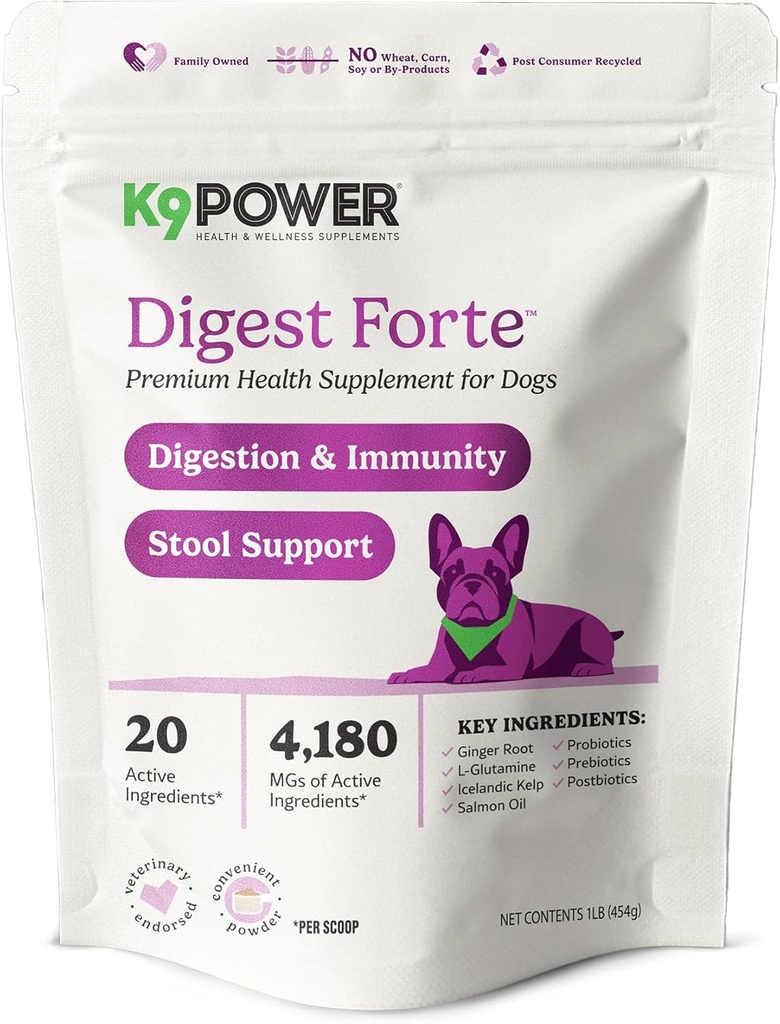 K9 Power Digest Forte per Cani 1lb – Digestivo, Immunity & Calming Support - Migliora l'assorbimento dei nutrienti - Balances Gut Flora - Eases Discomfort & Boost Mood