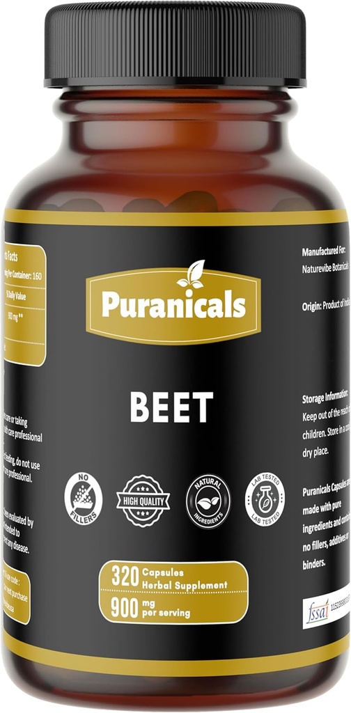 Beet Premium 320 capsule Nitric Oxide Booster | Supplemento a base di erbe | 900 mg Per Serving | Realizzato con 100% Pure Beetroot Powder (Beta Vulgaris)