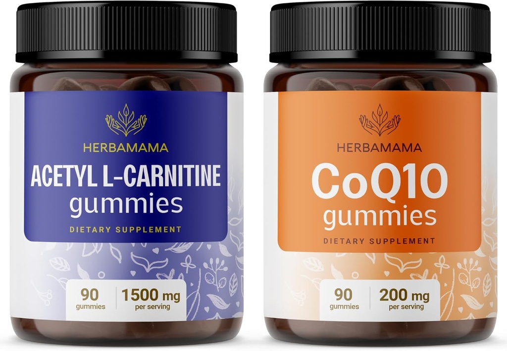HERBAMAMA L-Carnitina e CoQ10 Kit - Bundle di 1500 mg Acetil L-Carnitina & 200 mg Coenzyme Q10 Gummies - Vegan, Non-GMO, Gelatin-Free - 2 Pack