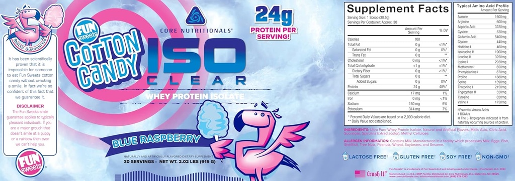 Nutrizioni Nutrizioni Nutrizioni Nutrizione Iso Clear Whey Protein Isolate | Bassa Calorie, Carb, & Fat | Lactose Free & Easy to Digest | 24g Protein, Zero Sugar | 2 Pound (Fun Sweets Blue Raspberry)
