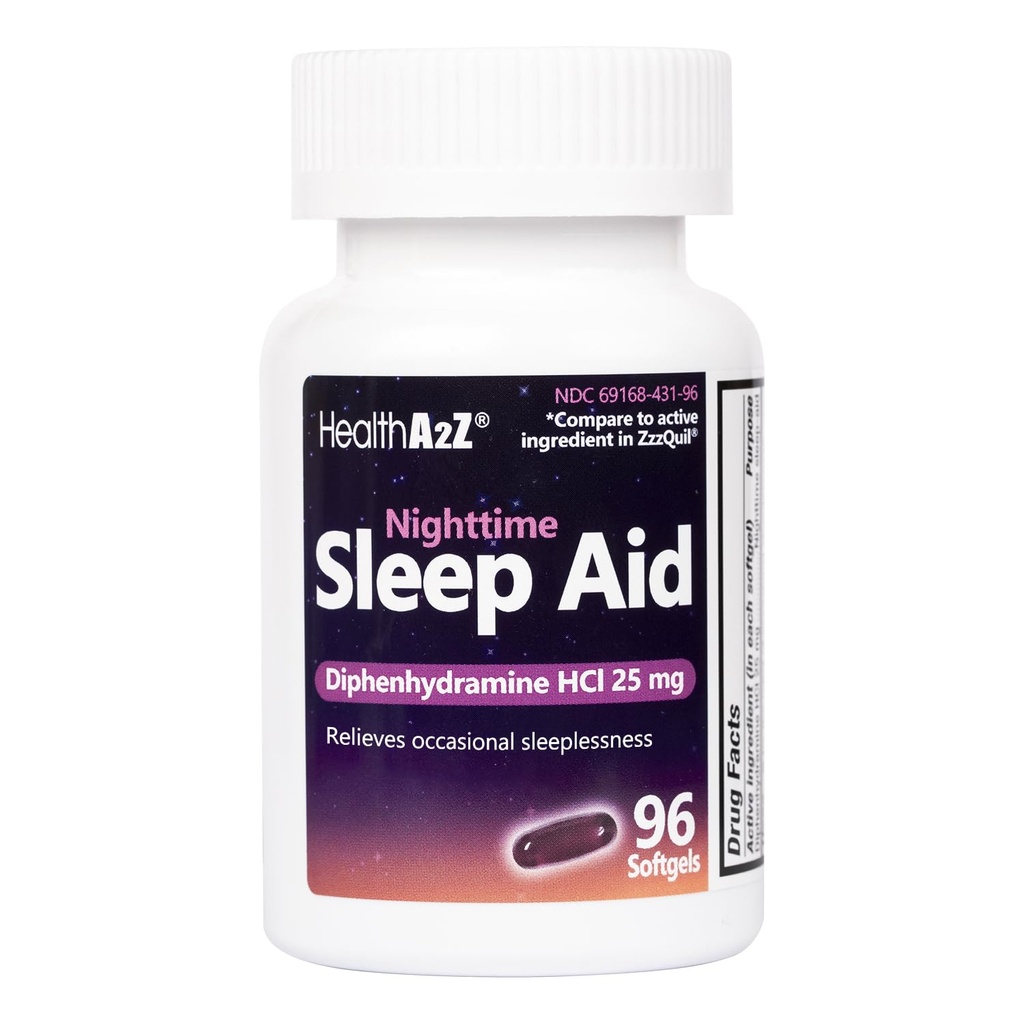 SaluteA2Z Sleep Aid, Difenidramina HCl 25mg Softgels, Supporta più profondo, sonno riposante, non Habit-Forming (96 Softgels)