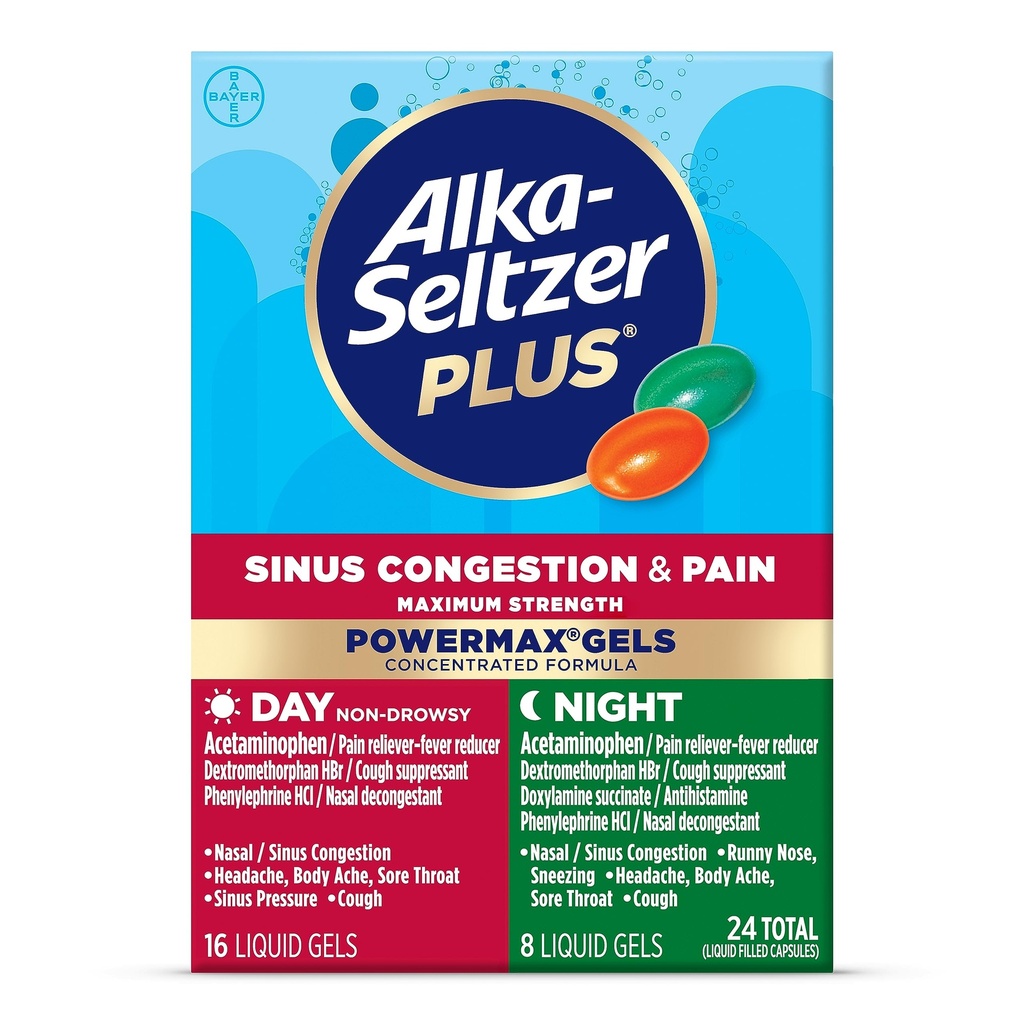 Alka-Seltzer Plus Massima resistenza PowerMax Sinus Congestion & Pain Medicine, Giorno + Gel Liquidi Notturni - Potente Rilievo per Freddo e Flu, + Congestione Sinus per Adulti e Bambini 12+ Anni, 24 Conte