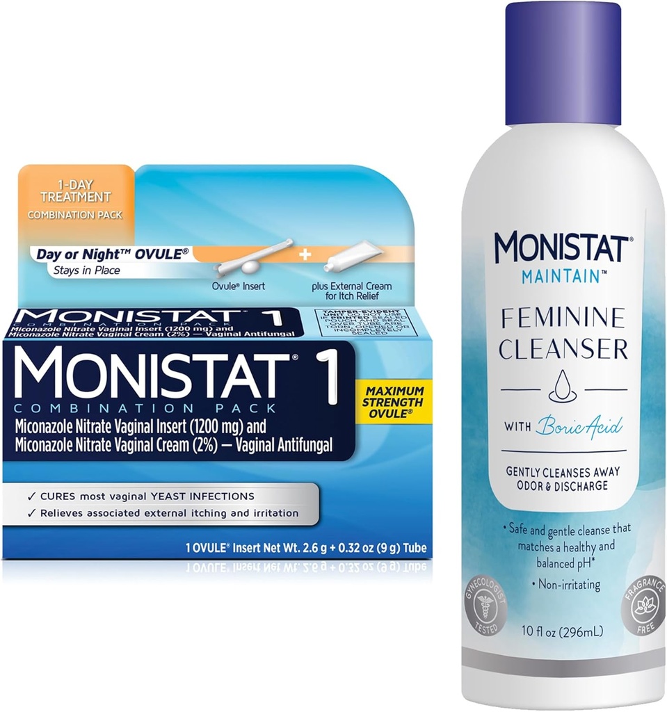 Monistat 1 giorno trattamento di infezione da lievito per le donne, 1 Miconazole Ovule Insert & Esterno Monistat Anti-Itch Crema Bundle + 10 fl oz Acido borico Detergente femminile