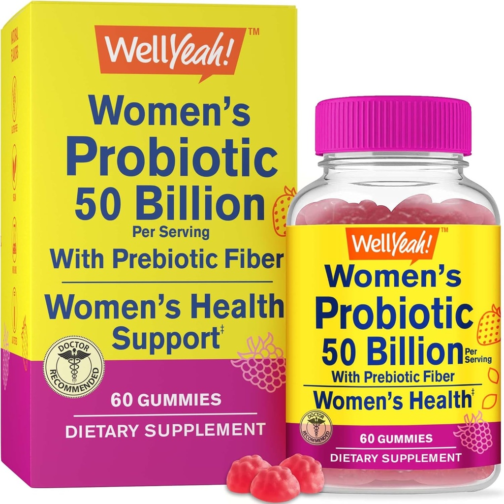 WellYes Womens Probiotic 50 Billion Gummies 12 Strains - con fibra prebiotica per Digestivo - Vaginale, Digestivo, Suporti Immune e Salute Gut - Gummie Probiotici Stable Shelf - 60 Gummies