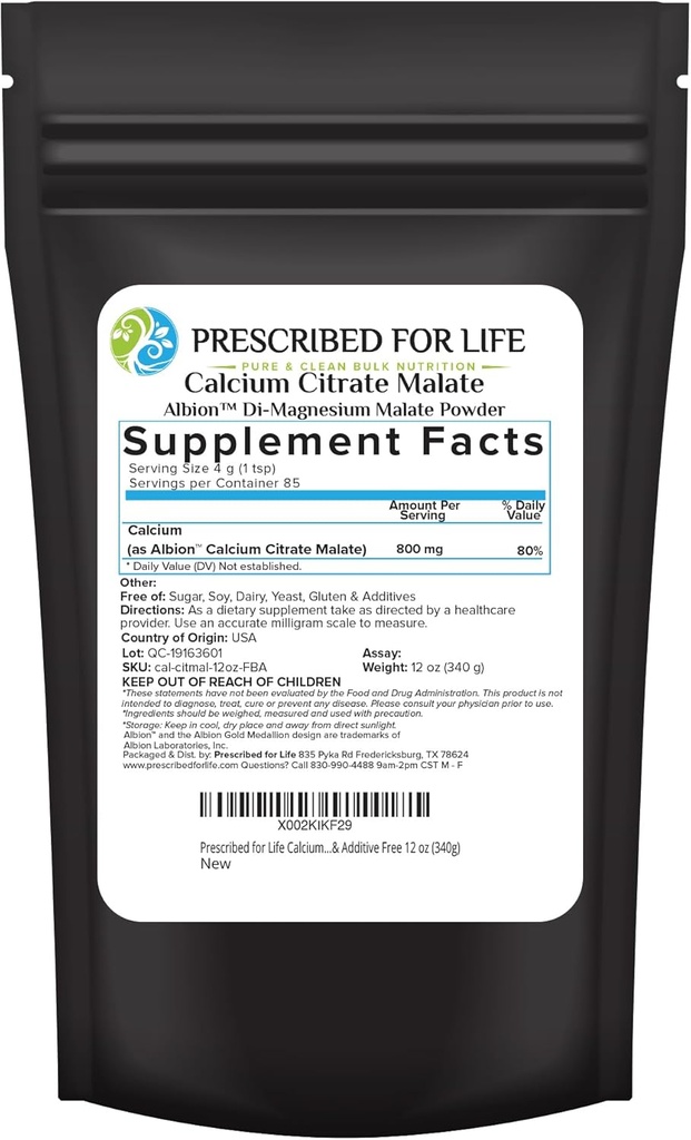 Prescritto per Life Calcium Citrate Malate, Pure Vegan Calcium Powder, Easy Absorption Formula, Non OGM, Filler & Additive Free (340g)