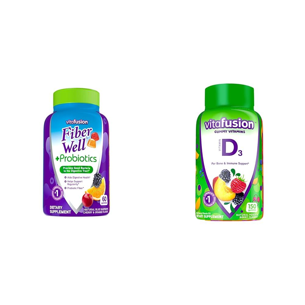 Vitafusion Fiber Well + Probiotici Gummies per adulti, 60 conte Vitamina D3 Gummy Vitamine, Peach, BlackBerry e Fragola Aromaed, 50 mcg Vitamina D, 150 Conte