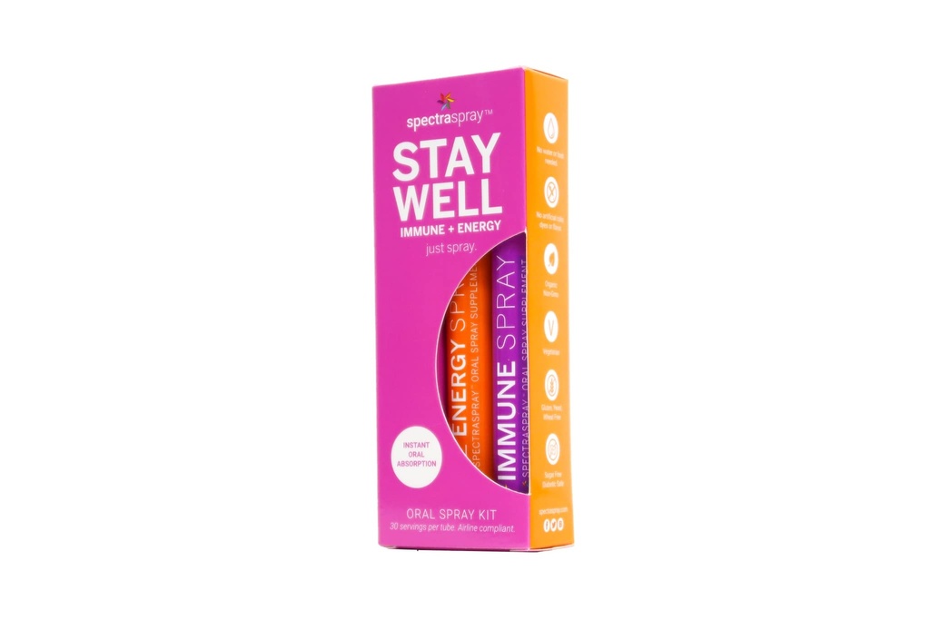 Spectraspray Travel Wellness Stay Well Kit - Supporto Immune & B12 Vitamin Oral Spray Rapid Immunity Boost & Active Form of B12 for Recovery & Energy, Vegan & Gluten Free, 30 Day Supply per Spray