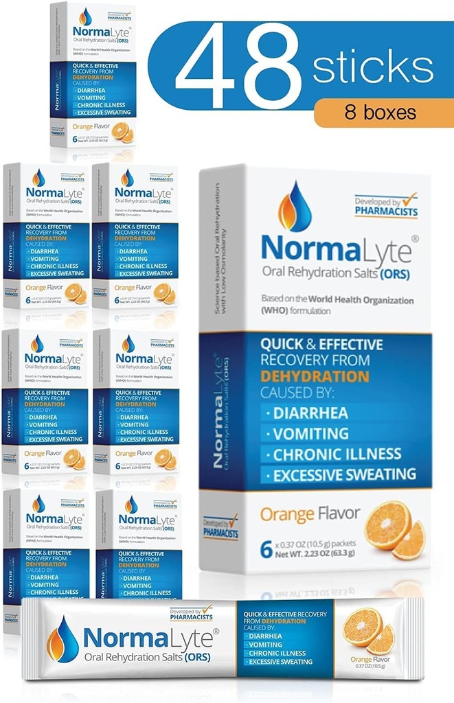 NormaLyte Oral Rehydration Salts-48 Sticks Packs (Yields 500mL per Pack)-Orange| Integratori energetici, Supplemento di potassio, Recupero di disidratazione e assorbimento rapido