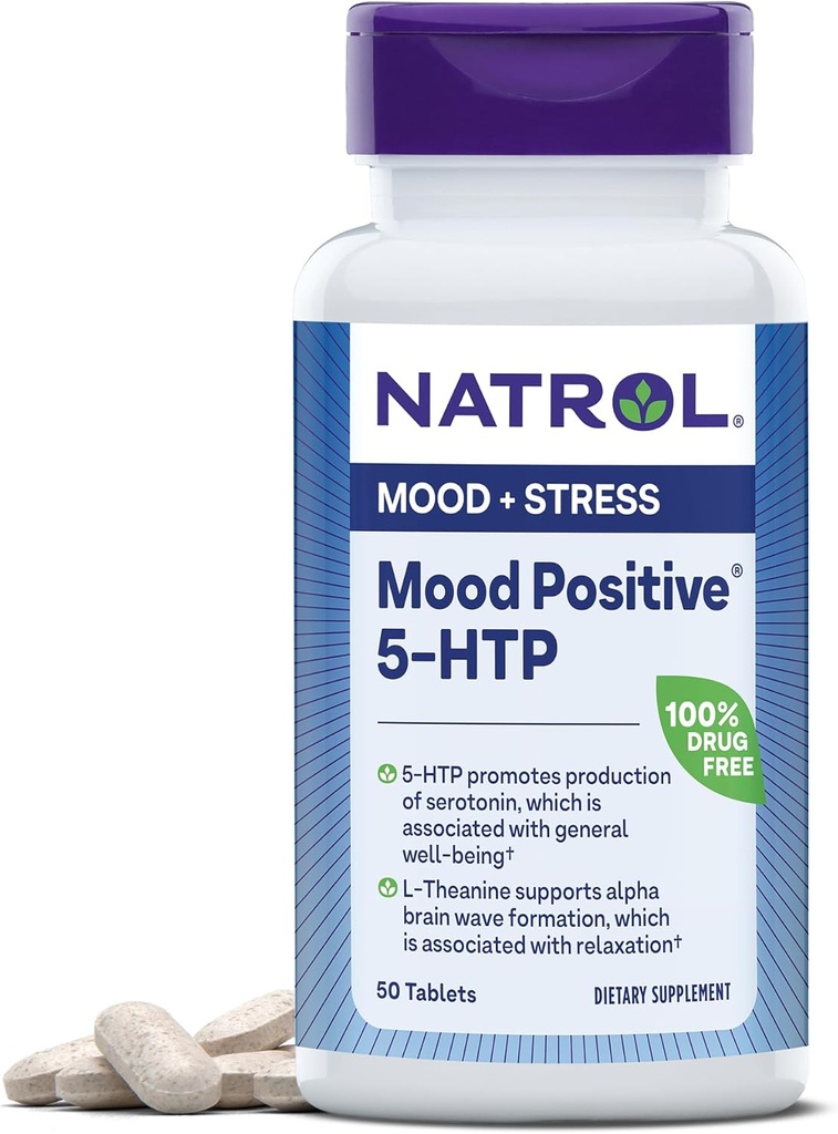 Natrol Mood Positivo 5-HTP e L-teanina per bilanciato mood e relax, 50 compresse, fino a un 50 giorni di alimentazione