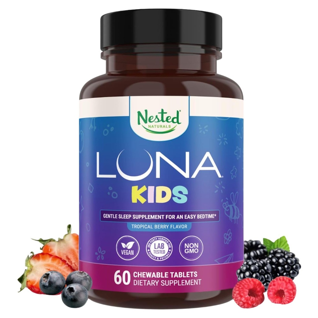 LUNA Kids | #1 Tablets per bambini 4+ e adulti sensibili | Ingredienti a base naturale | 60 x pillole masticabili | Gentle, Integratore a base di erbe con camomilla, melatonina, Valerian & Lemon Balm