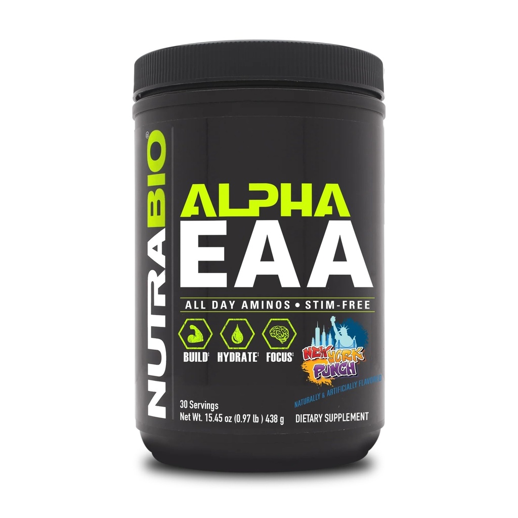 NutraBio Alpha EAA - Aminoacidi All-Day per la crescita muscolare e l'idratazione - Aminoacidi essenziali con Nootropics & Adaptogens- Polvere EAA BCAA a spettro completo - 30 Serve - New York Punch