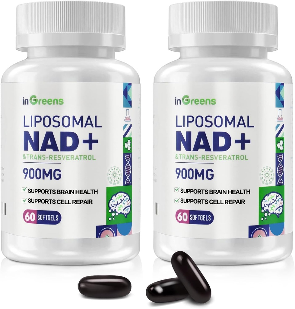 900 mg Liposomal NAD+ Supplemento con Trans Resveratrolo 300 mg, Sostituisce NMN, Assorbimento Superiore, Vero NAD Plus Supplemento per la riparazione del DNA e Boost NAD+, Difesa dell'invecchiamento, Energia, 120 Softgels, 2 Pack