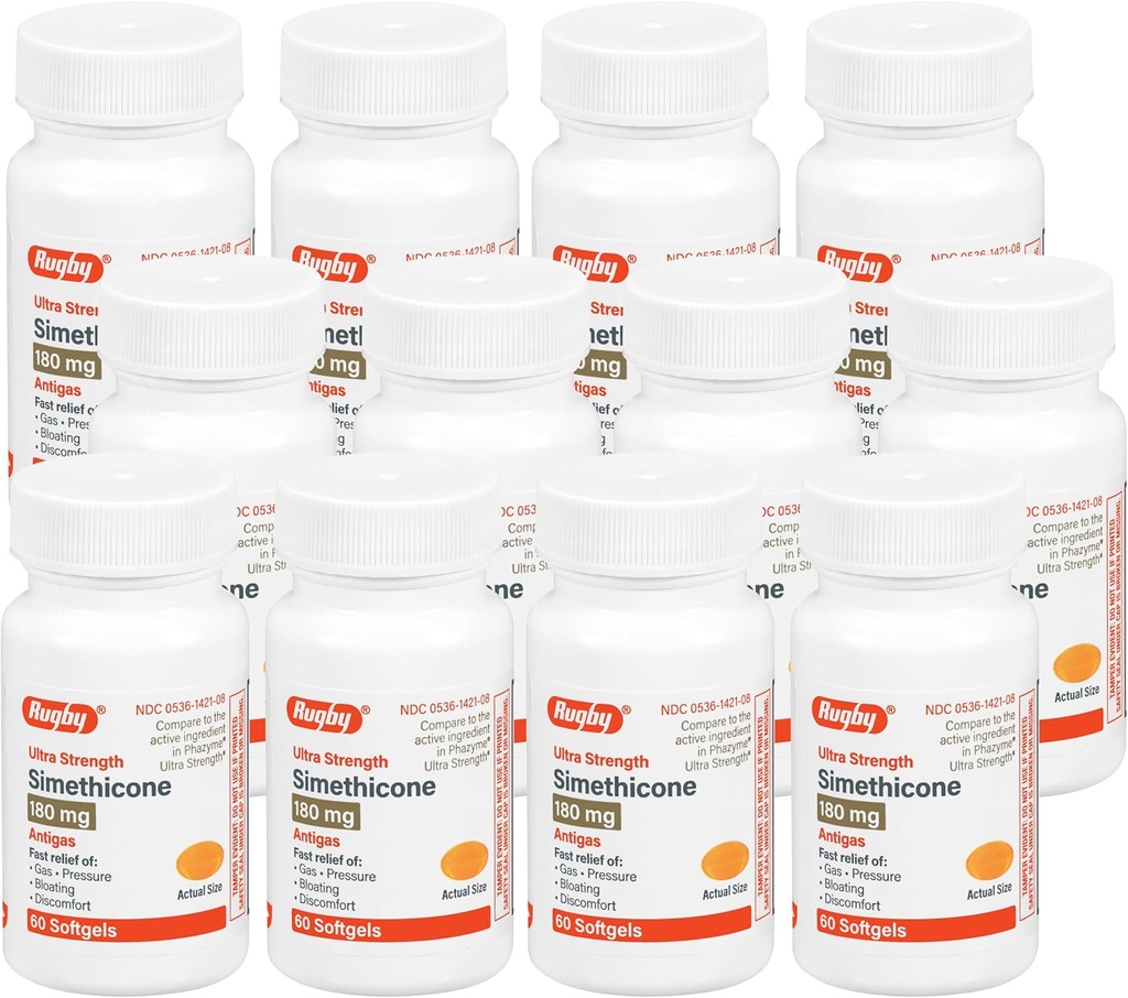 Rugby Ultra Strength Rilievo del gas Simethicone 180 mg - Rilievo massimo del gas per gli adulti - Può aiutare con i sintomi di flatulenza, Bloating, PietÃ del gas - 60 Softgels (12 Pack)