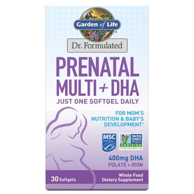 Giardino della vita Dr. Formulato Prenatale Multi + DHA con Folate & Iron per la nutrizione della mamma & sviluppo del bambino, 30 conte
