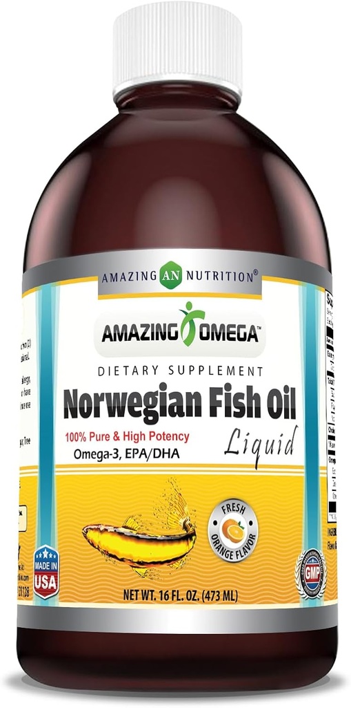 Amazing Omega Norwegian Fish Oil 16 Oz Supplemento | 1625mg Omega -3s, DHA, EPA per porzione | Arancio fresco aroma | Non OGM | Gluten Free