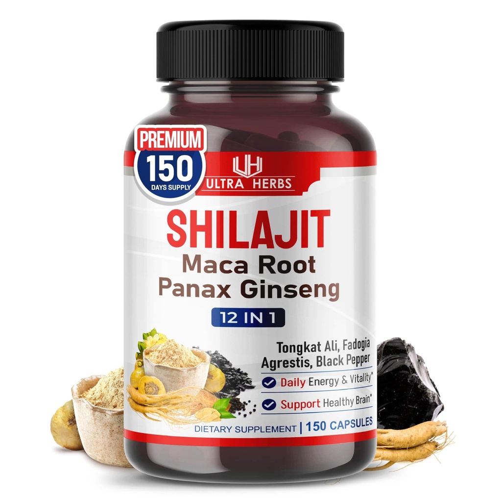 Shilajit Pure Himalayan - Energy Booster 85% Acido Fulvico, Maca Root, Panax Ginseng, Tongkat Ali, Fadogia Agrestis - Metabolismo e supporto immunità - 150 capsule