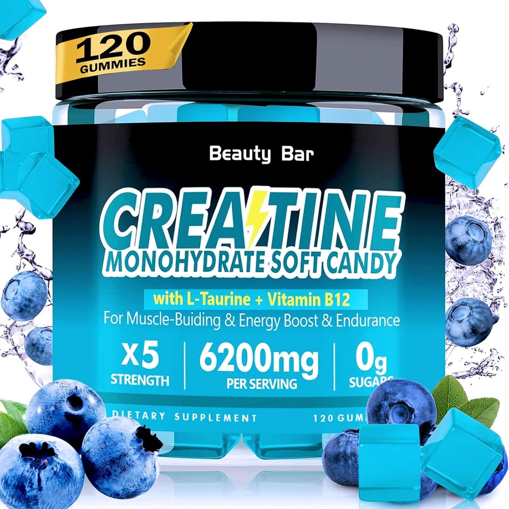 Creatina Monoidrato Gummies, 6200mg per uomini e donne, Creatina masticabile per la crescita, la forza e il recupero del muscolo, supplemento di pre-allenamento senza zucchero, 120 conte, aroma di mirtillo