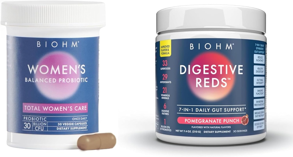 BIOHM Probiotici da donna 30B CFU & 210 oz Polvere Digestiva Essenziale Reds Bundle, Supporto completo Gut & Vaginal Health, Ricco di antiossidanti, enzimi, vitamine
