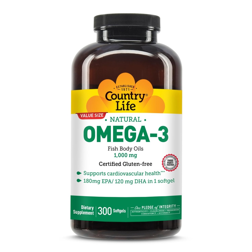 Country Life Omega-3 Fish Oil Supplement, 1000mg, 180mg EPA & 120mg DHA, Fish Oil Concentrate, Burpless, 300 Softgels, Certificato Gluten Free