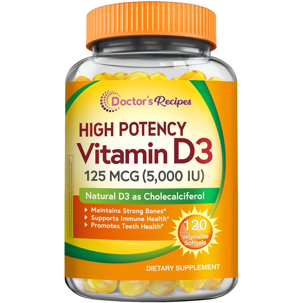 Vitamina D3 5000IU, Supporto Immune per Bones, Teeth e Funzione Immune, Non OGM, No Gelatin, Gluten o Soia, 120 Softgel vegetariani