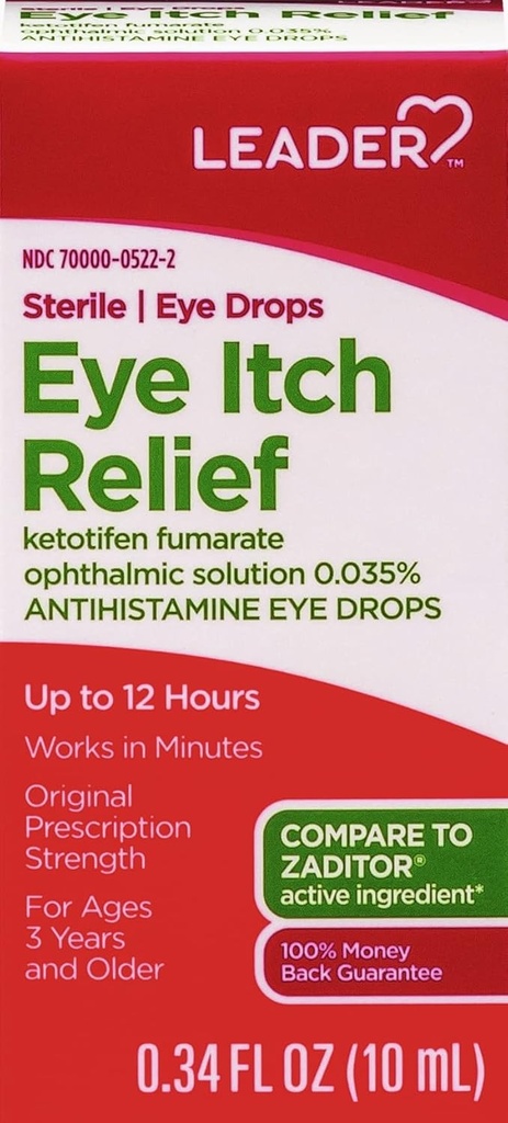 LEADER Sterile Eye Drops for Eye Allergy & Itch Relief, Ketotifen Antihistamine Solution 0.035%, Funziona in Minuti, fino a 12 ore, Prescription Strength 0.34 oz