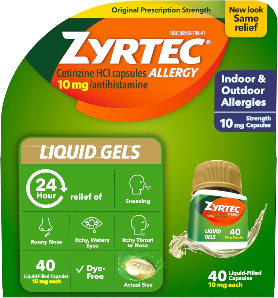 Zyrtec 24 ore Allergy Relief Liquid Gel, Antistamina Capsule con Cetirizine HCl Allergy Medicine per All-Day Relief da Runny Nose, Sneezing, Itchy Eyes & More, 40 Conte