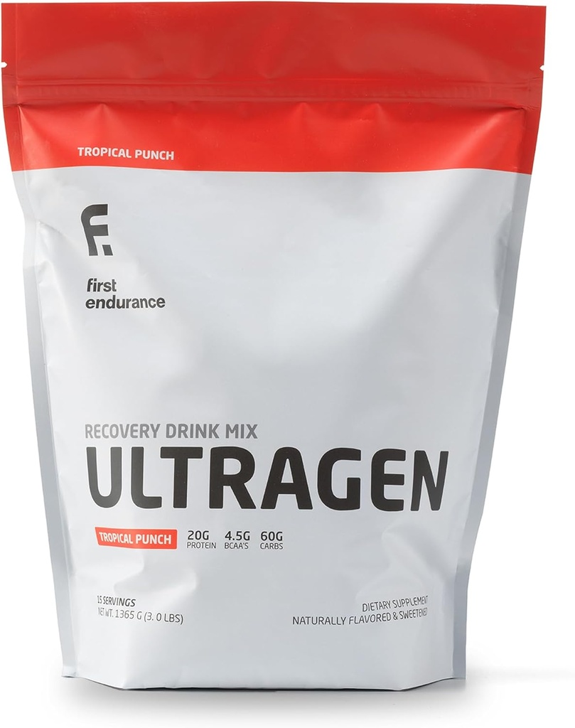 FIRST ENDURANCE Ultragen Workout Recovery Drink Powder, Protein Mix, Boosts Energy, Accelera il recupero | Tropical Punch, 15 Servings