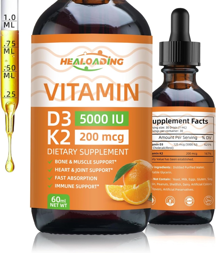 Vitamina organica D3 + K2 Gocce: 5000 IU Plant-Based D3 & 200mcg K2 Integratori Liquidi | Assorbimento Veloce per Supporto Immune, Bone Health & Heart Care | Vegan, Non OGM (30ml)