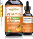 Vitamina organica D3 + K2 Gocce: 5000 IU Plant-Based D3 & 200mcg K2 Integratori Liquidi | Assorbimento Veloce per Supporto Immune, Bone Health & Heart Care | Vegan, Non OGM (30ml)