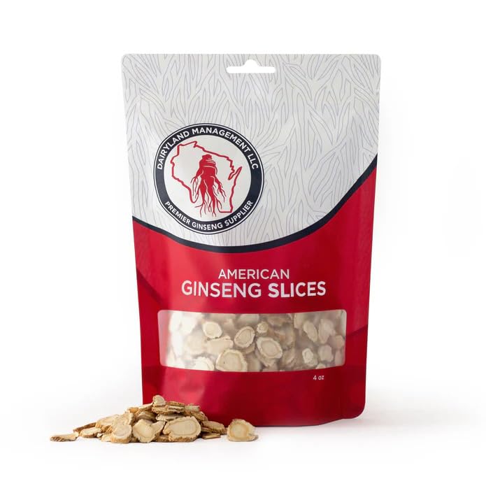 Dairyland American Ginseng Slices - 4 oz Pack Wisconsin Ginseng Slices – Certificata Qualcosa di speciale da Wisconsin - Non-GMO, Gluten Free Sliced Root - Integratore a base di erbe a Soup, Tea, Congee