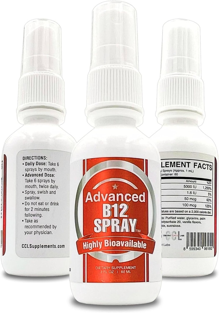 Vitamina B12 Energy Spray, Methylcobalamin con acido folico Sublingual Liquid Complex per messa a fuoco, & Metabolismo, Nano Technology Assorbimento istantaneo e Dosaggio personalizzato (2 oz - 60 Serve)