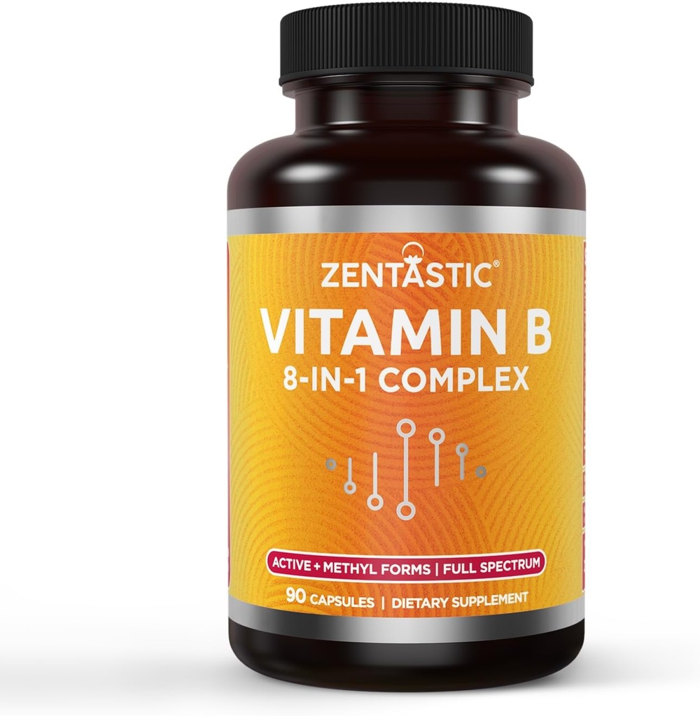Vitamina Zentastic B-Complex - Tutte le vitamine B con B12, B6, B9 acido folico, colina, inositolo - forme attive e metilici - Sistema nervoso, energia, metabolismo, supporto immunitario - 90 capsule vegane