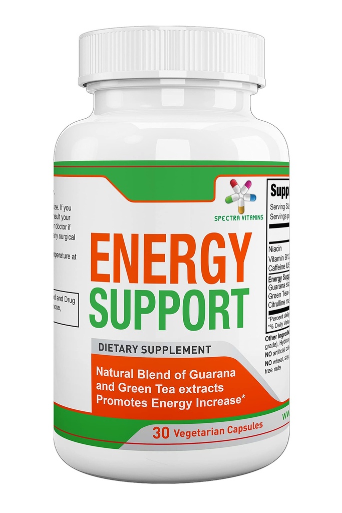 Spectra Vitamins Natural Energy Support 30 Capsules - Guarana Capsules - Vitamina B12 - Guarana e Green Tea Extracts - Integratori di energia citrullina con Booster di energia naturale