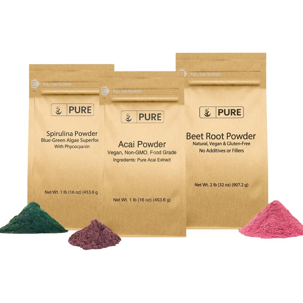 PURE ORIGINAL INGREDIENTI Radice di barbabietola, Spirulina e Bundle di polvere di Acai, varie dimensioni, non OGM, integratori di erbe