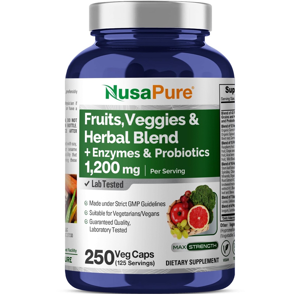 NusaPure 43 Frutta e verdura Miscela di erbe, 11 enzimi e probiotici, 1200 mg, 250 capsule vegetali (non OGM, Vegan)