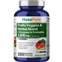 NusaPure 43 Frutta e verdura Miscela di erbe, 11 enzimi e probiotici, 1200 mg, 250 capsule vegetali (non OGM, Vegan)