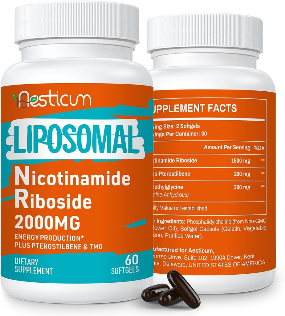 2000 MG Liposomal Nicotinamide Riboside Supplemento con TMG & Pterostilbene, High Bioavailability NAD+ Boosting Supplement, Superior to Niacinamide for Energy, Immunity, Age Resistance, 120 Softgels