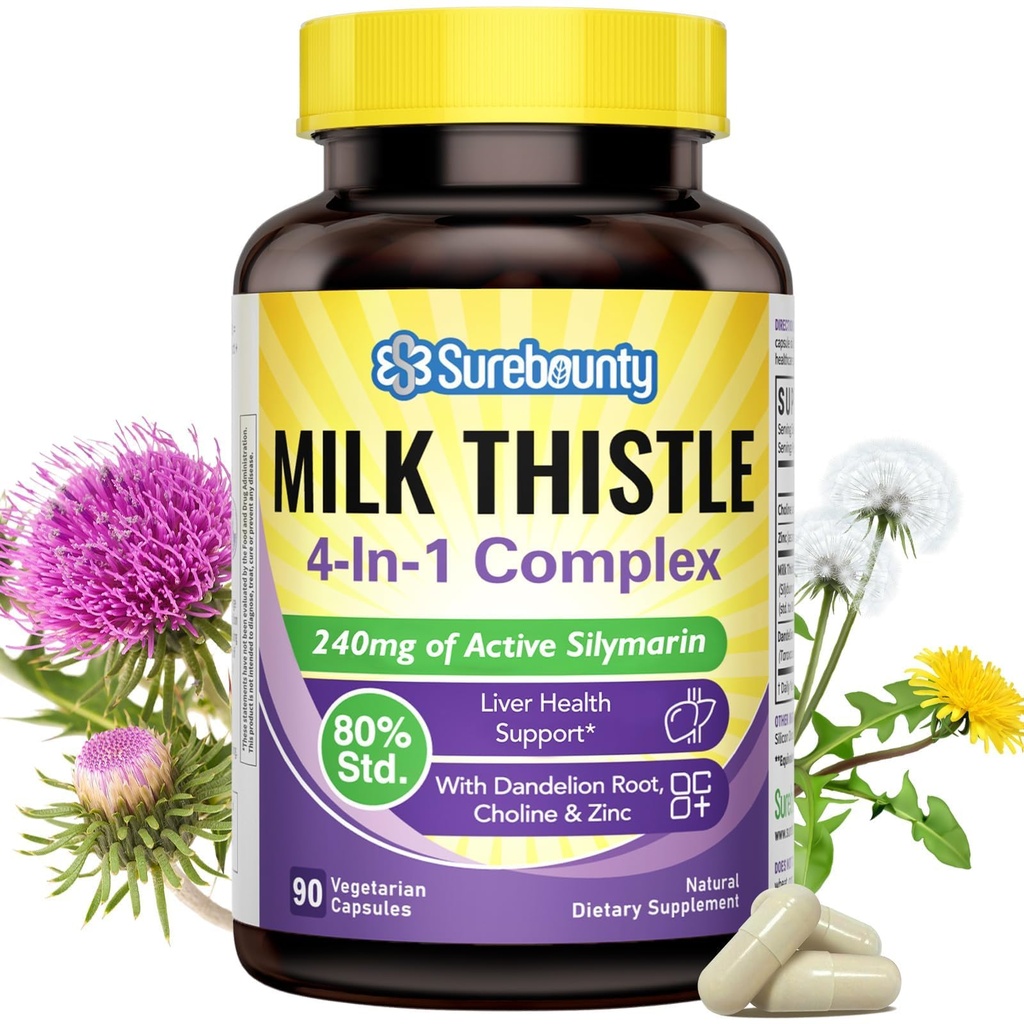 4-in-1 Complesso di cardo al latte per uomini e donne, estratto di cardo al latte con 240 mg di Silymarin attivo, 80% Std, con Dandelion, Choline, zinco, fegato Detox & Riparazione, Non-GMO, Una volta Quotidiano, 90 Caps Veggie