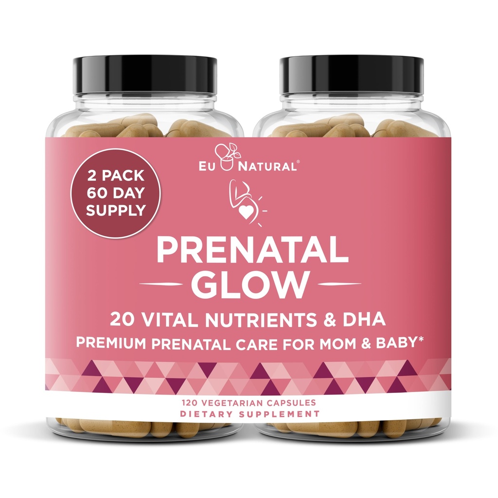 Vitamine Prenatali Glow per le donne – 20-in-1 Nutrienti vitali per la gravidanza sana e lo sviluppo fetale – Acido Folico & Vegan DHA per la crescita del bambino e una gravidanza confortevole – 120 capsule nutrienti