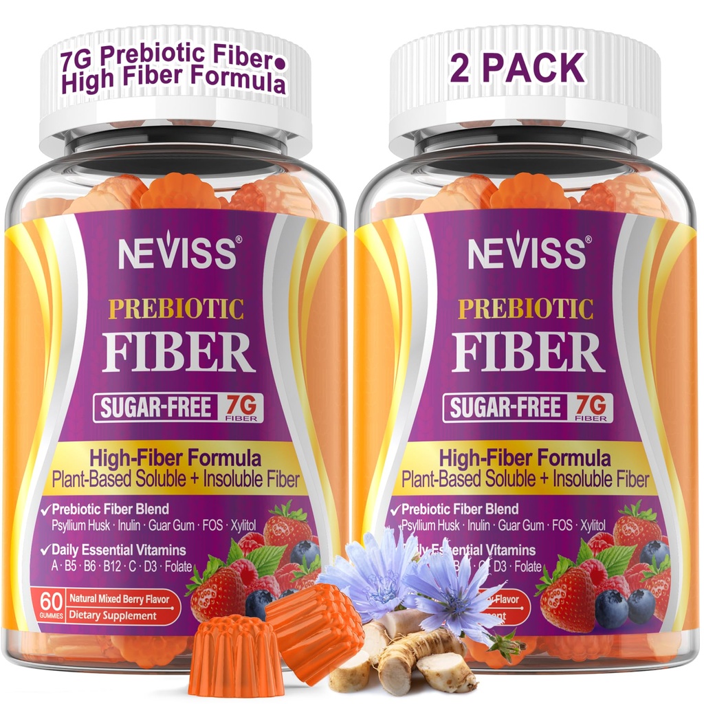 Gummie in fibra per adulti con Psyllium Husk, 7G(Soluble + Insoluble) Fibra Prebiotica giornaliera con Inulin, FOS, Guar Gum, Multivitaminici per la salute digestiva quotidiana, Supporto di regolarità,Sgar Free,Pack of 2
