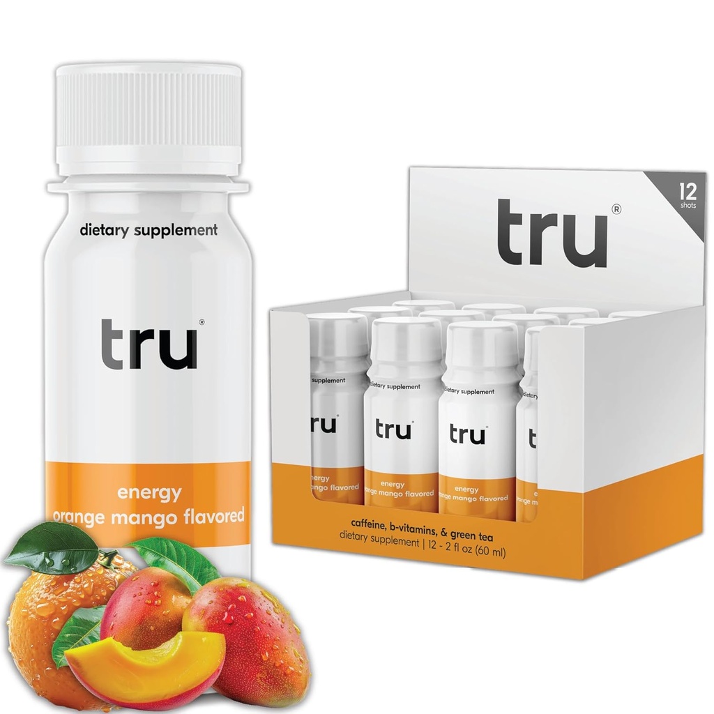 Tru Energy Shot, Extra Strength Energy Drink with Natural Caffeine, Green Tea, B Vitamine B3, B6 & Vitamin B12, Zero Sugar & Calories, Keto, Vegan, Gluten Free, Orange Mango, 2 FL OZ Bottiglie, 12 Pack