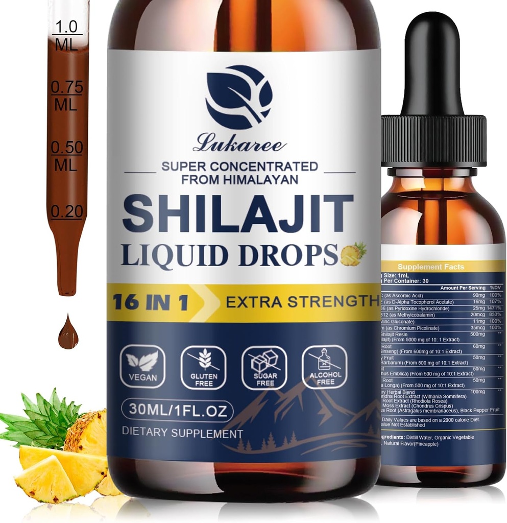 16 in 1 Shilajit Resina Liquid Drop, Shilajit W/Ginseng, Turmerico, Rhodiola, Wolfberry, Amla & Vitamine, Shilajit Supplemento per uomini e donne con 85+ Minerali di Trace & Acido Fulvico, 1 Fl Oz