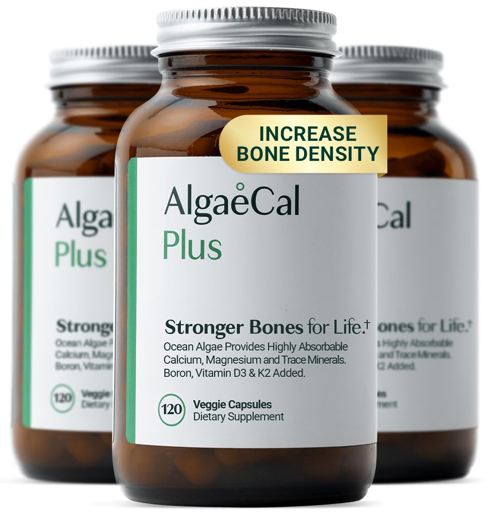 Supplemento di calcio alghe rosse organiche ALGAECAL per la densità e la forza di ossa, vitamina K2 MK7 (100mg), vitamina D3 (1600 IU), magnesio (350mg) & minerali di trace, facile da ingoiare, 120 tappi di verdure