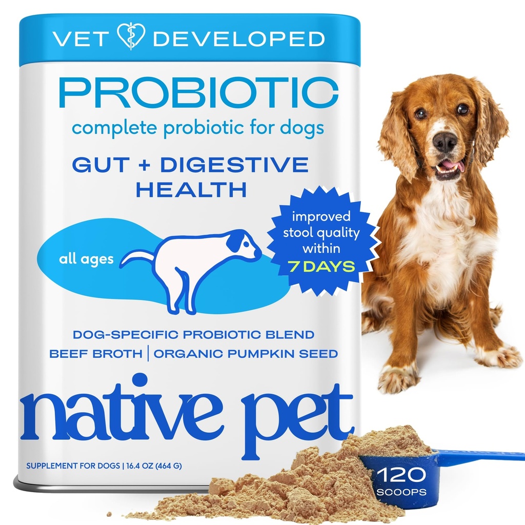 Probiotici per animali nativi per cani - Polvere Probiotici per cani per la salute digestiva, supporto per il fegato, & Immune Boost – Polvere simulata per la massima potenza con enzimi digestivi & Prebiotici - 120 Scoops