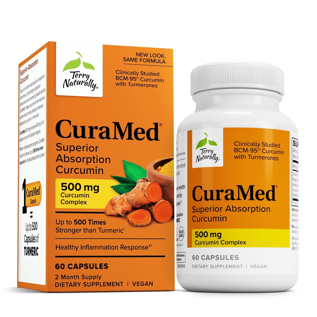 Terry naturalmente CuraMed 500mg - Integratore antiossidante per il supporto alla salute cerebrale e immunitaria - Supplemento con curcumina e olio essenziale curcuma - Supporto al fegato di erbe - 60 Softgels
