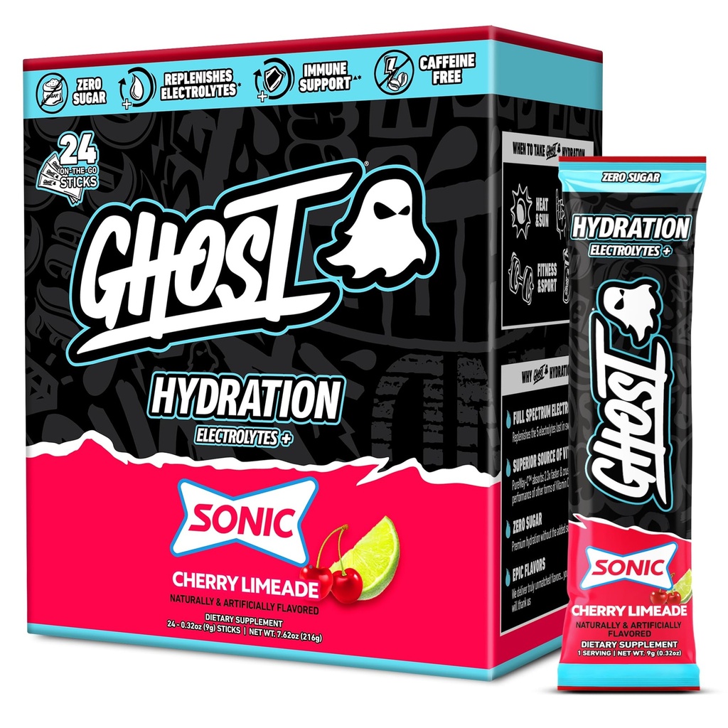 GHOST Hydration Packets, Sonic Cherry Limeade, 24 Sticks, Polvere di elettrolita - Bere miscela supplemento con magnesio, potassio, calcio, vitamina C - Vegan Friendly, senza soia, zucchero e glutine