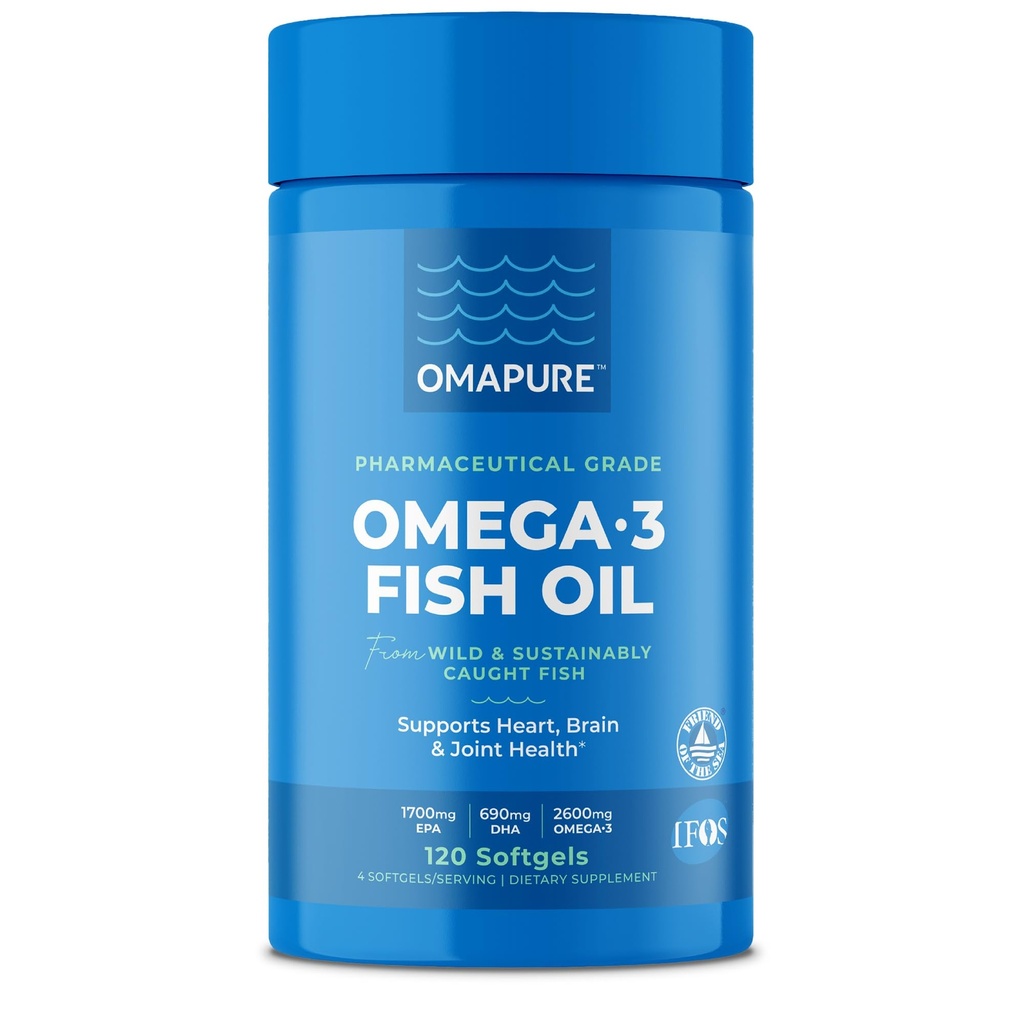 OMAPURE Fish Oil Integratori con Omega 3 acidi grassi (1 bottiglia, 120 Softgels) - Alta EPA, DHA, & IFOS Fish Oil Pills Support Heart & Joint Health - Burpless Fish Oil promuove la funzione del cervello