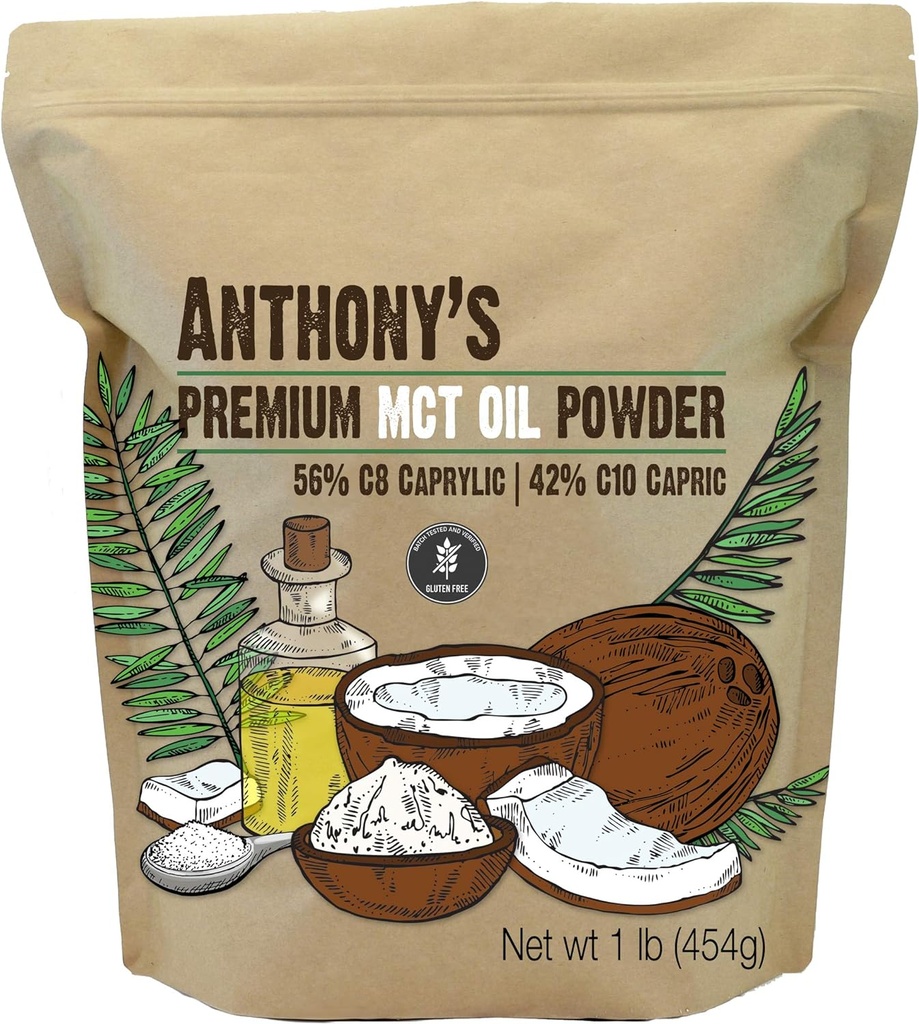 Polvere di olio MCT Premium di Anthony 56% C8 Caprylic, 42% C10 Capric, 1 lb, senza glutine, non OGM, Keto Friendly