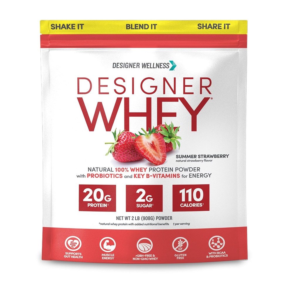 Designer Wellness, Designer Whey, Polvere naturale di proteine del siero di latte con probiotici, fibra e chiave B-Vitamins per energia, senza glutine, fragola estiva, 2 lb